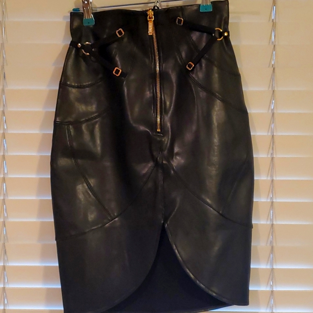 Honey Birdette Jael Black Faux Leather Pencil Skirt with Gold Hardware